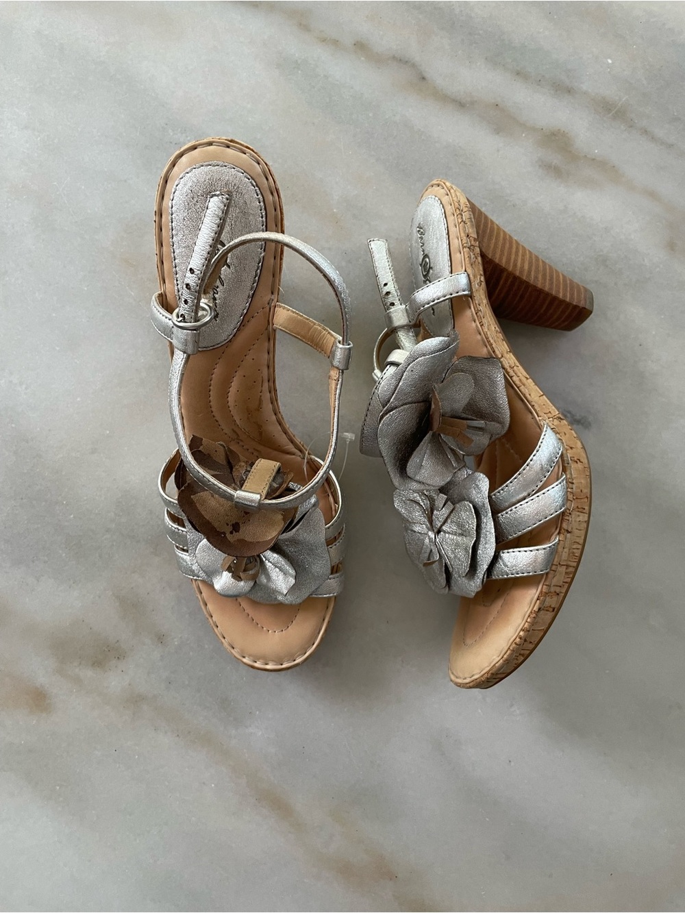 Born Silver Floral Leather Heeled Sandals size 10